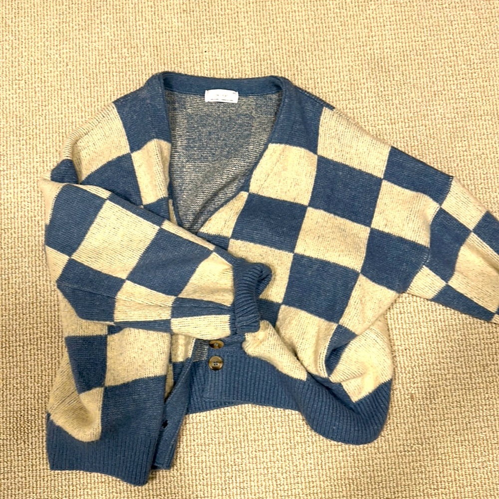 oak fort blue and white check print cardigan